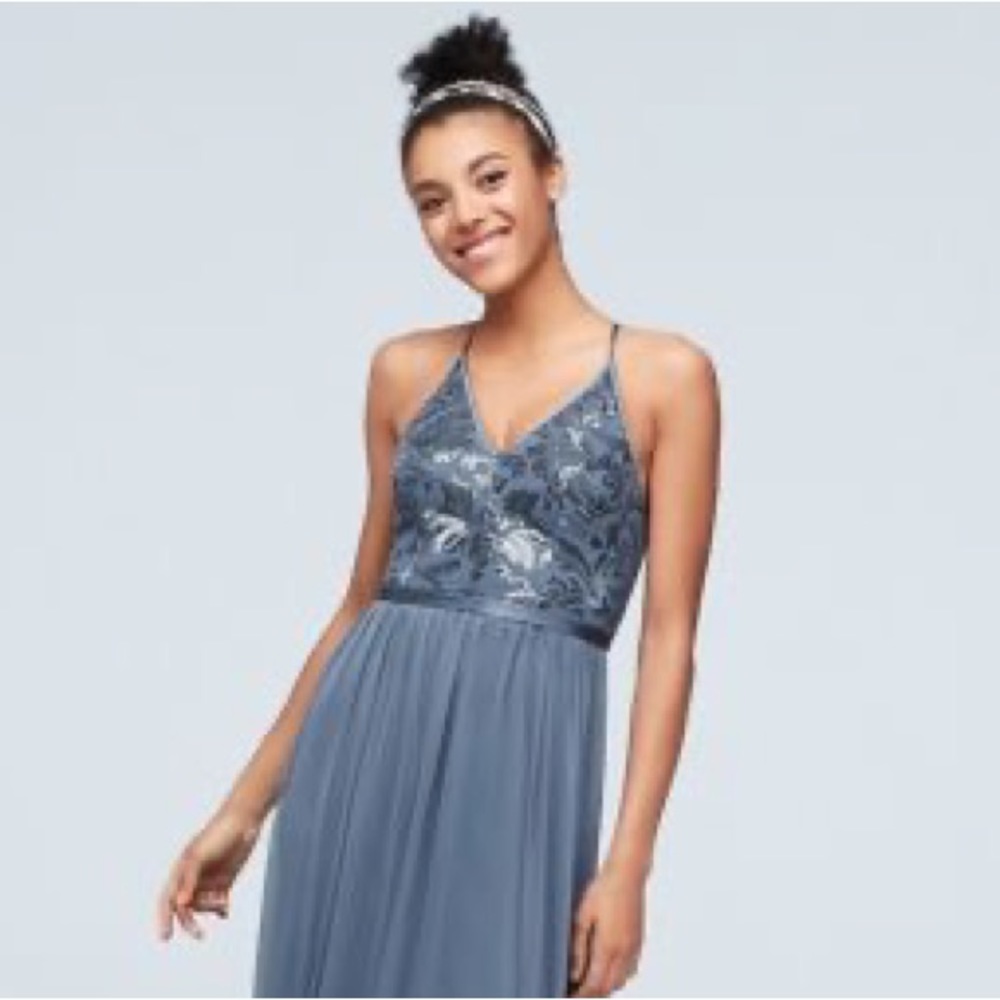 NWT 0 Slate / Dusty Blue Full Length Maxi Sequin Dress / Gown Bridesmaid / Prom